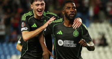 Kelechi Iheanacho, right, is congratulated by Celtic team-mate Colby Donovan after goal