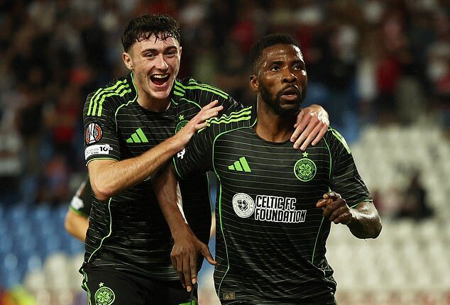 Kelechi Iheanacho, right, is congratulated by Celtic team-mate Colby Donovan after goal