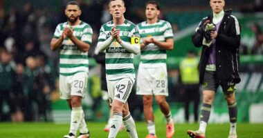 McGregor leads the Celtic players' applause of the support after the full-time whistle