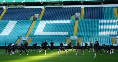 The Celtic players are put through their paces at Parkhead ahead of their trip to Belgrade