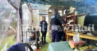 Victoria Police officers are seen in the makeshift kitchen attached to Dezi Freeman's bus as they try to serve him a warrant linked to allegations of historical sex assault on a minor