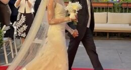 Dame Joan Collins was overjoyed as she watched her only son, the artist Alexander ‘Sacha’ Newley, tie the knot with jazz singer Sheela Raman in a gorgeous ceremony at a lakeside castle
