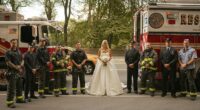 At her wedding on Wednesday, current and former firefighters from her father's unit waited to see her off in front of their firetrucks