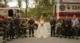 At her wedding on Wednesday, current and former firefighters from her father's unit waited to see her off in front of their firetrucks