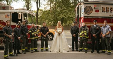 At her wedding on Wednesday, current and former firefighters from her father's unit waited to see her off in front of their firetrucks