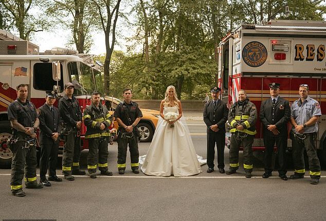At her wedding on Wednesday, current and former firefighters from her father's unit waited to see her off in front of their firetrucks