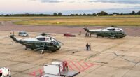 President Donald Trump's helicopters, known as Marine One and Marine Two are seen at Luton Airport after reportedly having to make an emergency landing with Trump on board