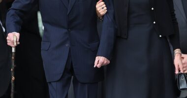 Lady Helen Taylor (pictured, right) is seen attending a vigil for her late mother, the Duchess of Kent, with her father, the Duke of Kent (pictured, left)