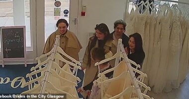 This is the moment a gang of smirking women brazenly snatch multiple wedding dresses from a bridal shop worth a total of over £4,000 in a daylight robbery