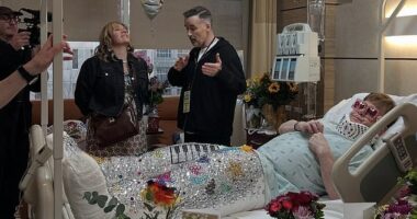 Elton John, 78, scared fans as he posted bedridden hospital pictures and bedazzled body casts on his Instagram on Friday