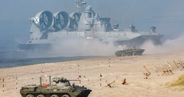 The Khmelyovka firing ground during drills to train amphibious assault, part of the active phase of the military exercises "Zapad-2021" staged by the armed forces of Russia and Belarus in Kaliningrad Region, Russia, September 11, 2021