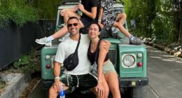 Matt Cameron, 46, has traded the sky-high rents, crippling taxes and government 'overreach' for a luxury Balinese villa with staff on call around the clock. Pictured: Matt (front left) with his partner Felicity, 34, and her two children