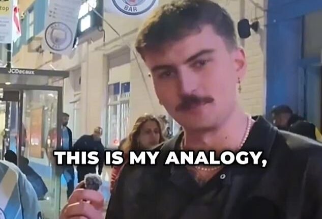 An Australian man (pictured) has been hailed by many on social media after he shut down an American influencer who asaked him multiple racially charged questions