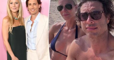 Gwyneth Paltrow flaunts her fit figure in blue bikini on beach outing with husband Brad Falchuk