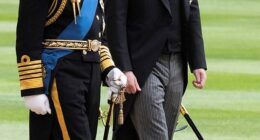 Prince Harry could see his father for the first time in more than a year and a half when they are both in London on Wednesday. Pictured: King Charles III (L) walks with Prince Harry as they arrive at St George's Chapel inside Windsor Castle on September 19, 2022, ahead of the Committal Service for Britain's Queen Elizabeth II