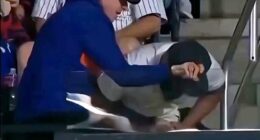 The older fan, in blue, and the younger fan, in white, are seen scrambling for the ball