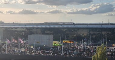 Crowds of people were seen gathering outside Terminal 4 as ambulances and fire crews rushed to the scene