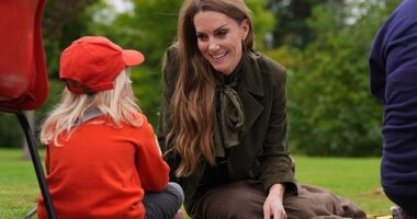 The Princess of Wales wore a dark green silk scarf she received as a gift from luxury fabric manufacturers Stephen Walters when she visited Sudbury Mill in Suffolk last week