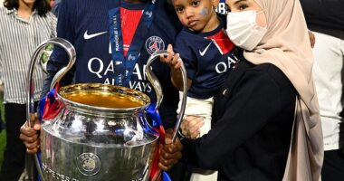 Ousmane Dembele is pictured with his wife Rima Edbouche and their young daughter after the Frenchman helped PSG to the Champions League last season