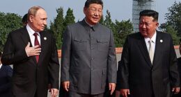 President Putin and President Xi Jinping, both aged 72, with Supreme Leader Kim Jung-Un, 41, at a military parade in Beijing last week, where they where overheard talking about immortality