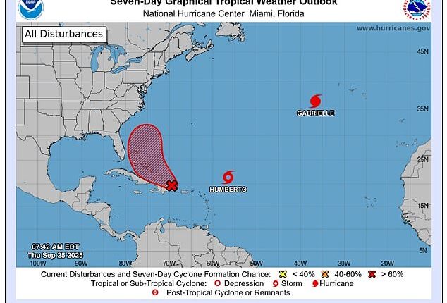 The National Hurricane Center warned that Tropical Storm Humberto is projected to become a Category 3 hurricane by next week
