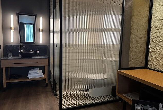 This picture of a hotel bathroom was shared to Reddit accompanied by the four-word statement: 'It's somewhat¿ limited privacy.'