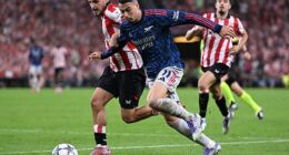 Gabriel Martinelli drove at Athletic Bilbao full back Andoni Gorosabel on Tuesday night and produced an assist for Leandro Trossard