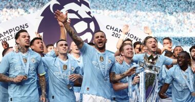 Kyle Walker leads the celebrations as Manchester City celebrate winning the Premier League title in May 2024