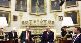 Bling-tastic doesn’t begin to describe Trump’s vision for America’s most famous home. The 47th President, in the Oval Office on Thursday, with President Erdogan of Turkey (centre) and Vice-President JD Vance