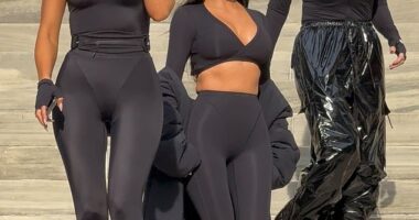 Kim Kardashian had the perfect models for her NikeSKIMS launch on Wednesday. The star, 44, matched her mom Kris Jenner, 69, and sister Khloe, 41, in all-black pieces