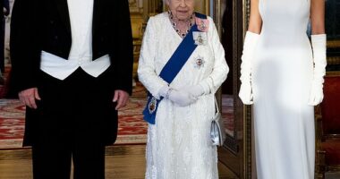 First Lady Melania Trump (right) is about to take another twirl on the world stage, being hosted by King Charles and Queen Camilla for an unprecedented second state visit. She poses with President Donald Trump (left) and Queen Elizabeth (center) during the 2019 state visit