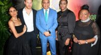 (l-r) Meghan, Duchess of Sussex, Prince Harry, Duke of Sussex, Andrew Holness, Juliet Holness and Olivia Grange attend the Premiere of 'Bob Marley: One Love' at the Carib 5 Theatre on January 23, 2024 in Kingston, Jamaica