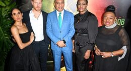 (l-r) Meghan, Duchess of Sussex, Prince Harry, Duke of Sussex, Andrew Holness, Juliet Holness and Olivia Grange attend the Premiere of 'Bob Marley: One Love' at the Carib 5 Theatre on January 23, 2024 in Kingston, Jamaica