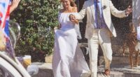 In the first picture (above), James and Alizée are emerging from their wedding venue in southeastern France to a shower of confetti