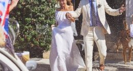 In the first picture (above), James and Alizée are emerging from their wedding venue in southeastern France to a shower of confetti