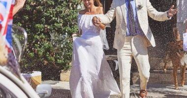 In the first picture (above), James and Alizée are emerging from their wedding venue in southeastern France to a shower of confetti