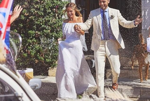 In the first picture (above), James and Alizée are emerging from their wedding venue in southeastern France to a shower of confetti