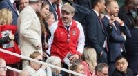 Jason Sudeikis couldn't hide his delight as he watched his beloved team Arsenal storm to victory against Nottingham Forest at the Emirates Stadium in London on Saturday
