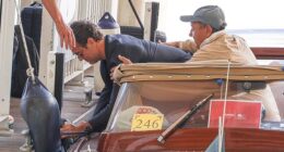 Jude Law was unable to keep his balance on a boat in Venice on Monday as he tumbled over after attending the 82nd Film Festival