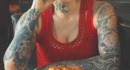 Kat Von D has revealed what she looks like now after inking out 80% of her body with solid black tattoo ink (pictured in 2016)
