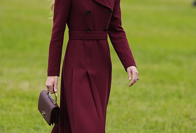 Kate Middleton, 43, is resplendent in a red Emilia Wickstead dress that she paired with a hat by Jane Taylor for today's high-profile engagement that marks the start of Donald and Melania Trump's state visit to the UK