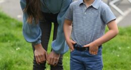 Kate Middleton said her youngest son Prince Louis is currently obsessed with collecting conkers and hiding them in 'his cupboard' and 'in his bed' (pictured in Slough in May 2023)