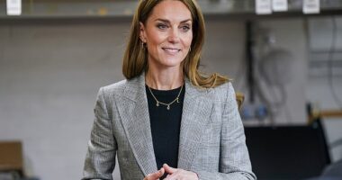 Stepping out in Sudbury Mills in Suffolk earlier today, the Princess, 43, opted to wear an ‘Earl’ jacket, £845, and matching 'Schoolboy' trousers, £525, by Bella Freud, in a classic Prince of Wales check, teamed with a black Boden jumper and gold diamond cupid maxi hoop earrings, £2,450, by Daniella Draper