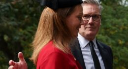 Sir Keir Starmer and his wife Victoria pictured arriving today for a church service at Crathie Kirk, near Balmoral, Scotland