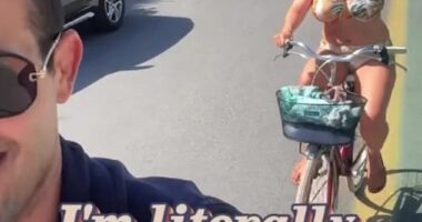 Kelly Brook put on a very busty display in a colourful bikini during a bike ride in Tuscany in a recent Instagram post on Thursday - after admitting she used to be a 'serial cheater'