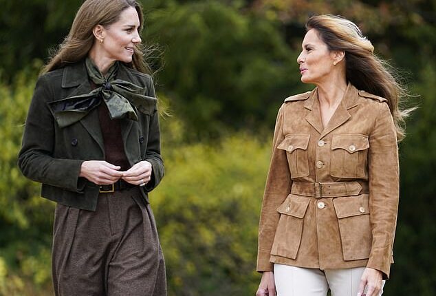 The Princess of Wales put on a stunning display in autumnal colours as she chatted with Melania Trump on the Windsor Estate today