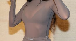 Kim Kardashian is photographed at the New York launch of her Skims collaboration with Nike on Wednesday