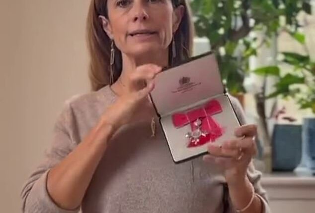 Livia Firth with her MBE, which she was awarded in 2019 for her campaigning work for garment workers