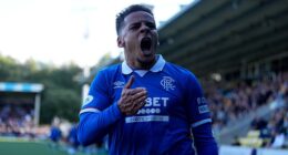 Max Aarons celebrates his stoppage-time winner in the 2-1  triumph against Livingston