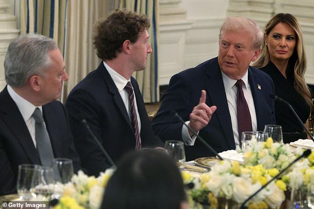 Mark Zuckerberg was caught in a hot mic moment after Trump asked him about his US investment plans at a dinner event in the State Dining Room